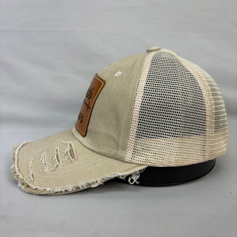 Faith Over Fear Christian Cross Distressed Trucker Hat Snapback Leather Patch